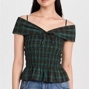 Damson Madder Plaid Off-Shoulder Top in Green